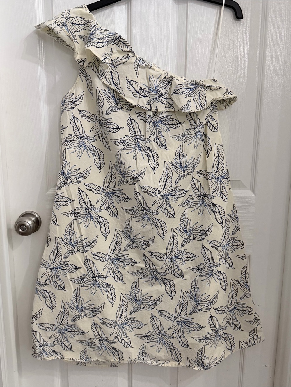 Banana Republic One-Shoulder Ruffle Dress in Cream with Navy Leaf Print